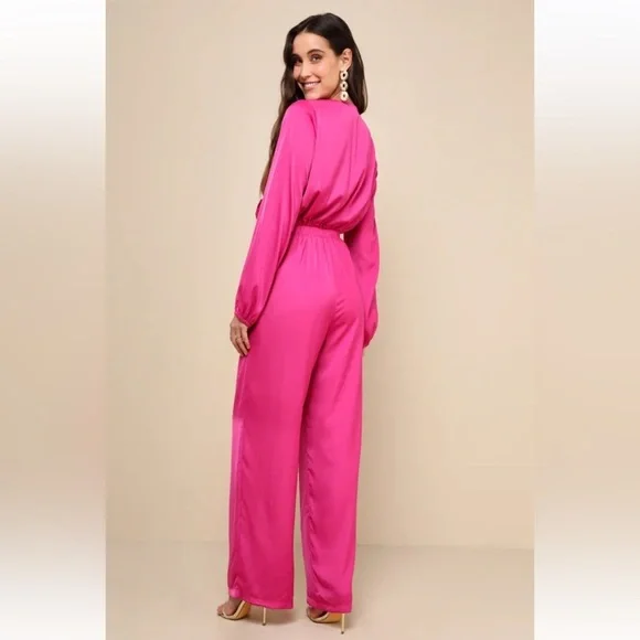 Lulu's NWT Trendsetting Direction Magenta Satin Tie Front Wide Leg Jumpsuit - Picture 2 of 11